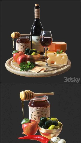 木盘上的葡萄酒奶酪蜂蜜和橄榄食物3D模型大集合—MAX | FBX | OBJ