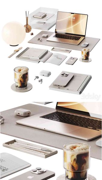 时尚高端优雅现代风格的工作场景办公桌米色软装饰3D模型—MAX | FBX | OBJ