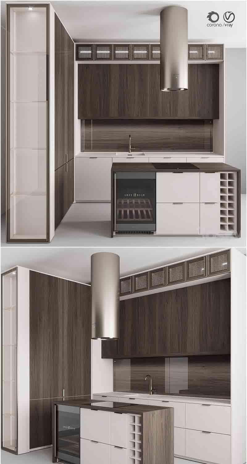时尚高端优雅的深木色和米色厨房装修3D模型—MAX | FBX | OBJ插图