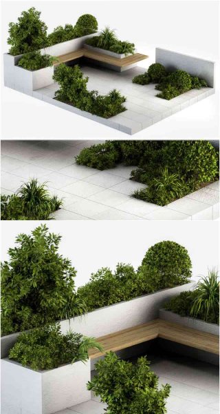 花园户外套装灌木树木和长凳3D模型—MAX | FBX | OBJ