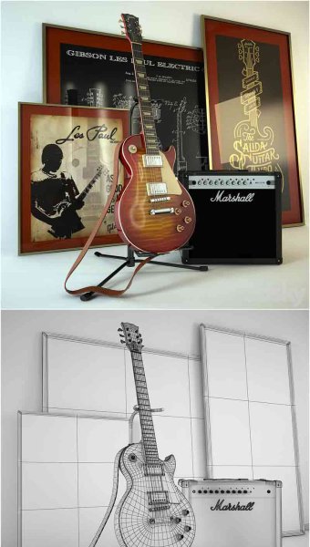 Gibson吉他和Marshall放大器3D模型—MAX | FBX | OBJ