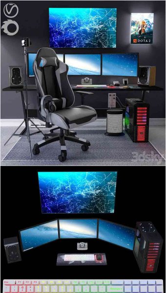 少见的游戏室电脑房电竞房装修3D模型—MAX | FBX | OBJ