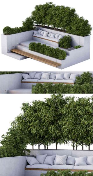 时尚高端户外花园树木和长凳园林景观3D模型—MAX | FBX | OBJ