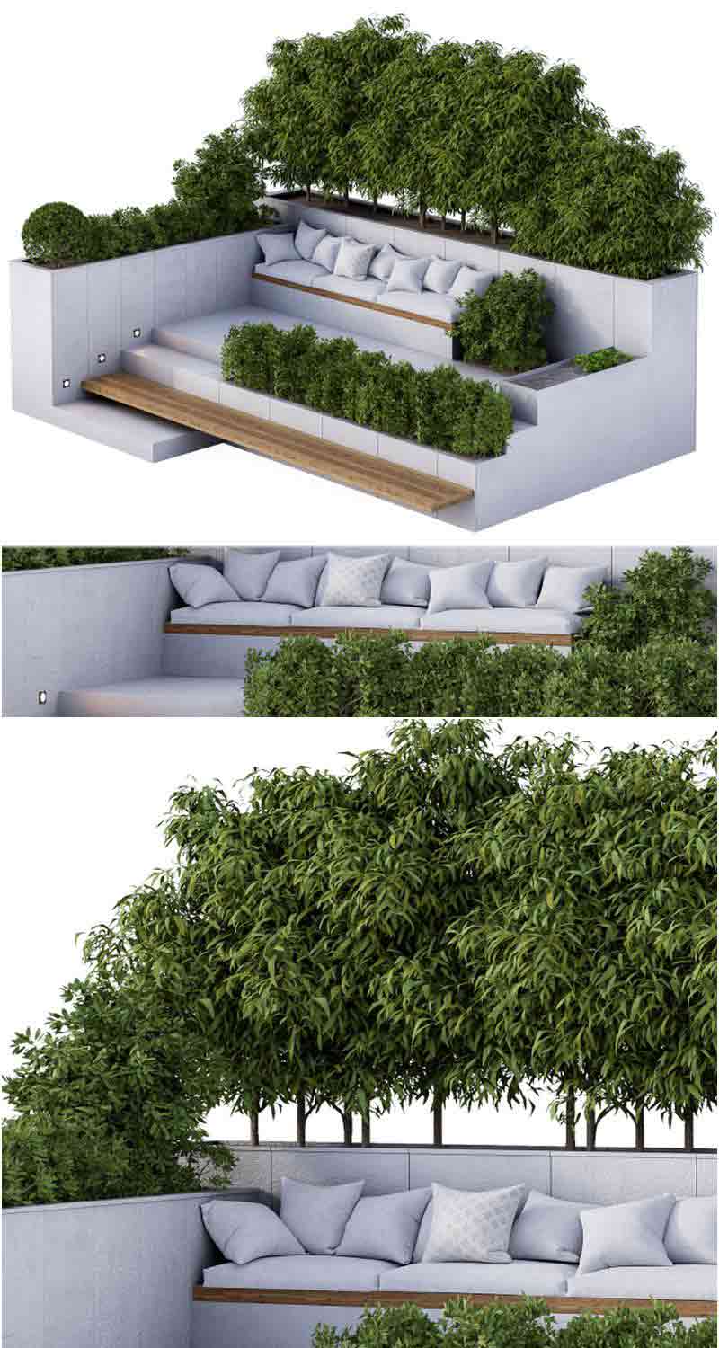 时尚高端户外花园树木和长凳园林景观3D模型—MAX | FBX | OBJ插图