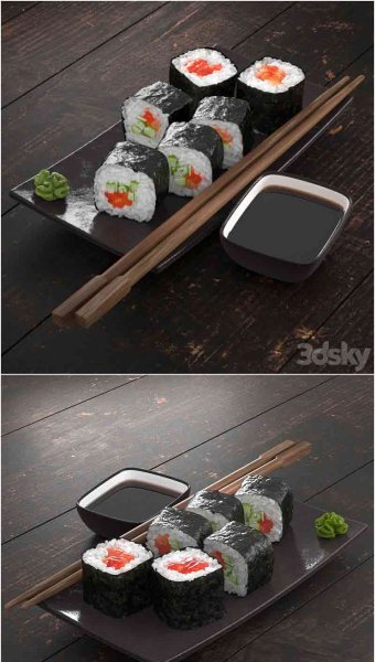 日式料理三文鱼和黄瓜卷寿司3D模型—MAX | FBX | OBJ