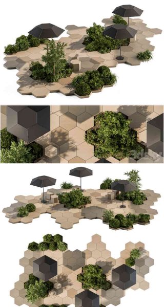 带植物的城市家具建筑长凳3D模型—MAX | FBX | OBJ