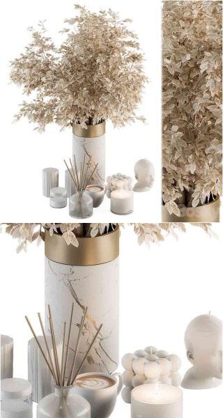 带干植物的白色和金色装饰套装3D模型—MAX | FBX | OBJ