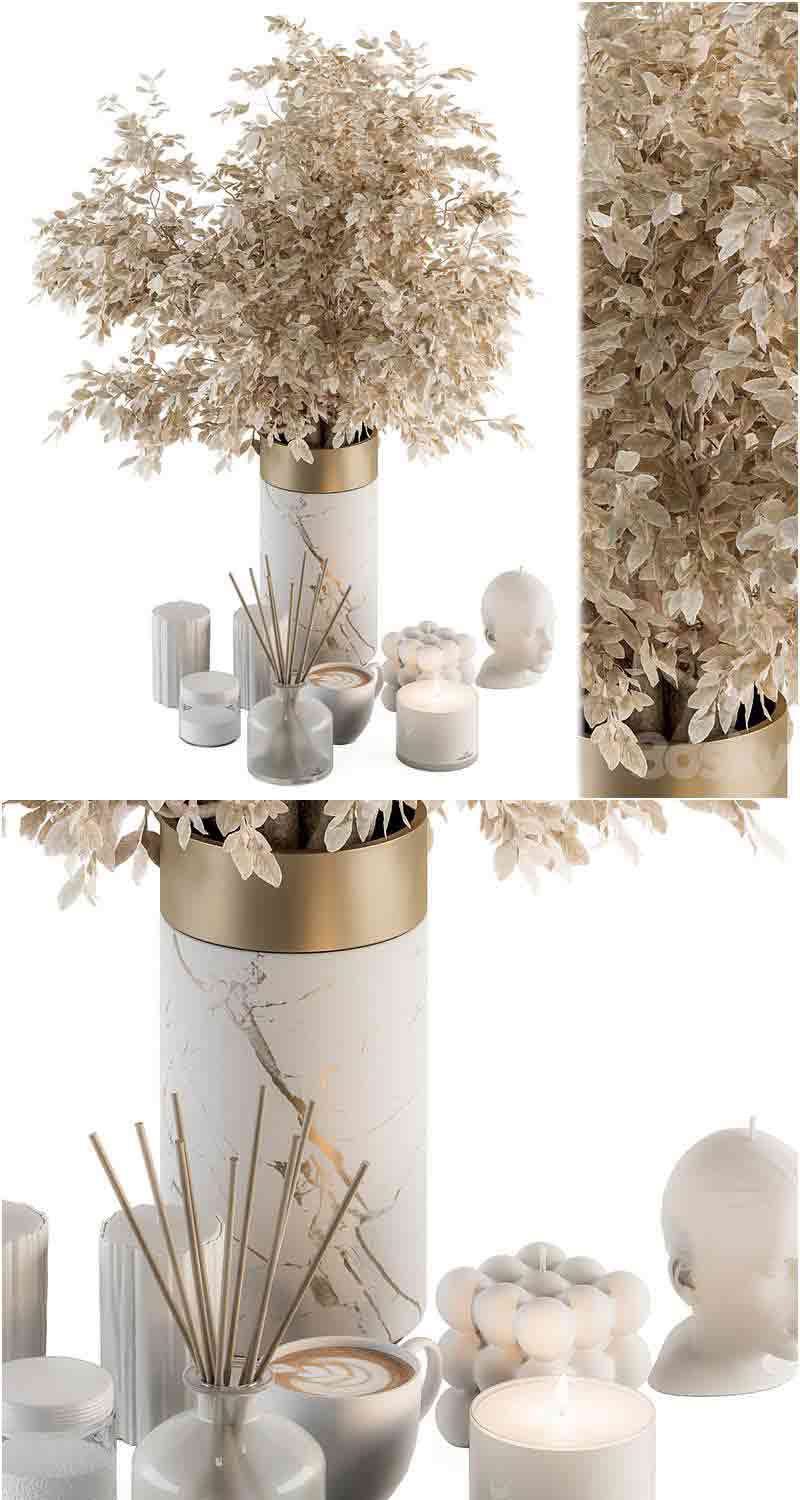 带干植物的白色和金色装饰套装3D模型—MAX | FBX | OBJ插图