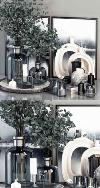 时尚现代风格的深蓝色玻璃制品和带相框的树枝花瓶装饰套装3D模型—MAX | FBX | OBJ
