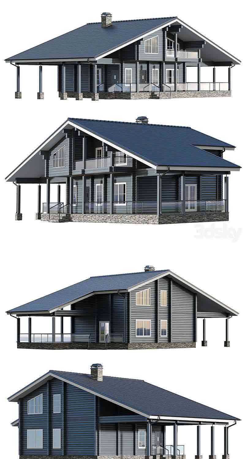 带车库和大露台的胶合层压木房屋别墅3D模型—MAX | FBX | OBJ插图