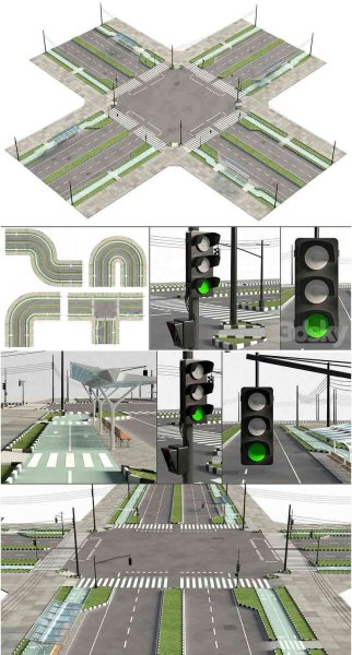 多种类型的带有绿化带的城市道路街道3D模型—MAX | FBX | OBJ