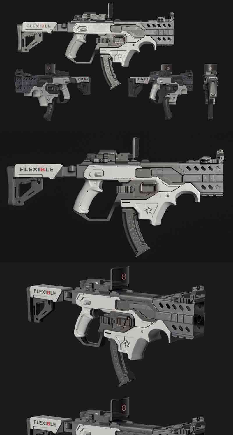 科幻SMG动画Rigged低多边形突击步枪3D模型—MAX | FBX | OBJ插图