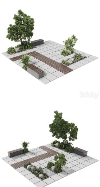 高品质的城市环境绿色长凳与植物口袋公园3D模型—MAX | FBX | OBJ