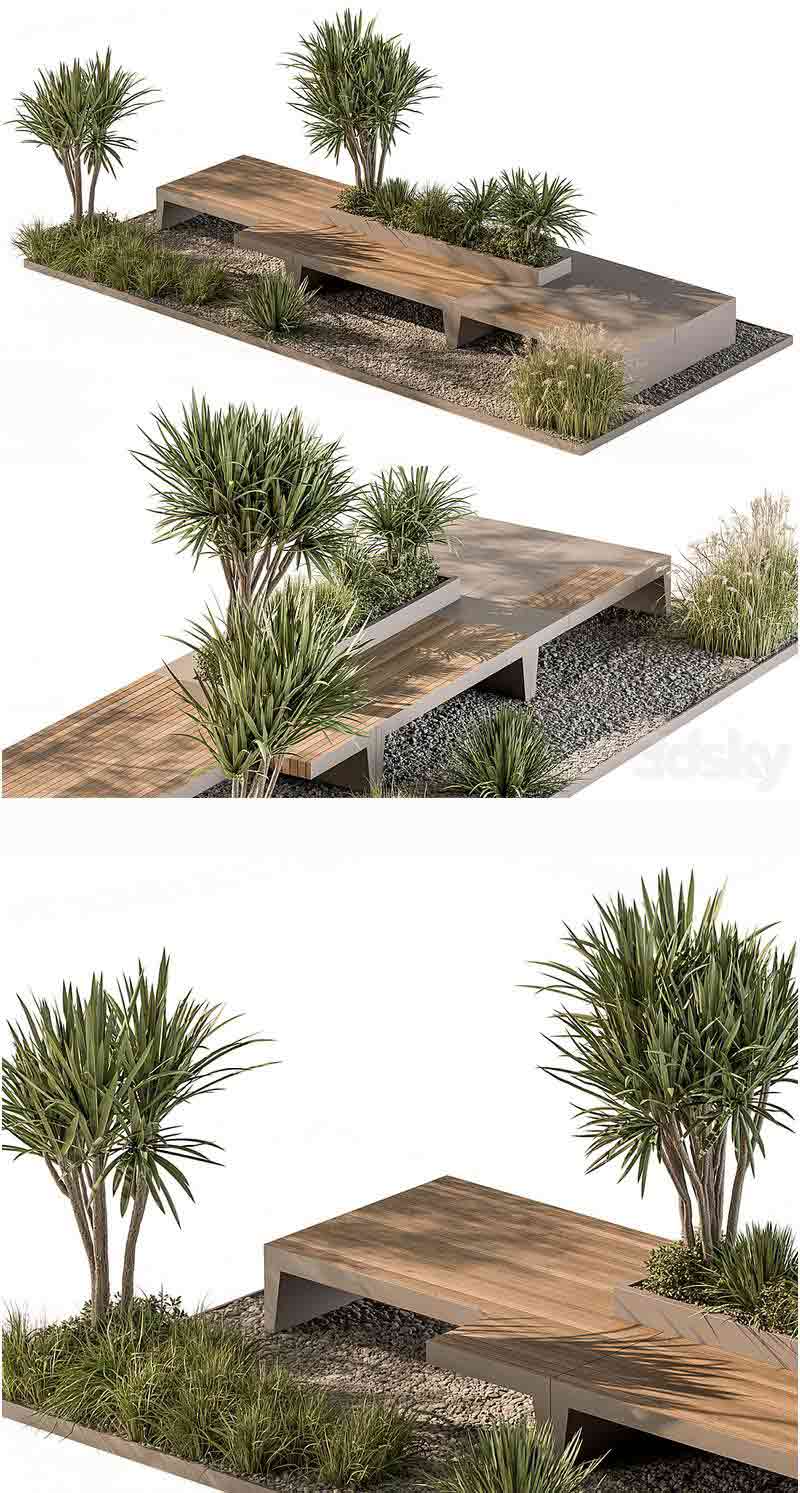 高品质的城市长椅与植物套装口袋公园3D模型—MAX | FBX | OBJ插图