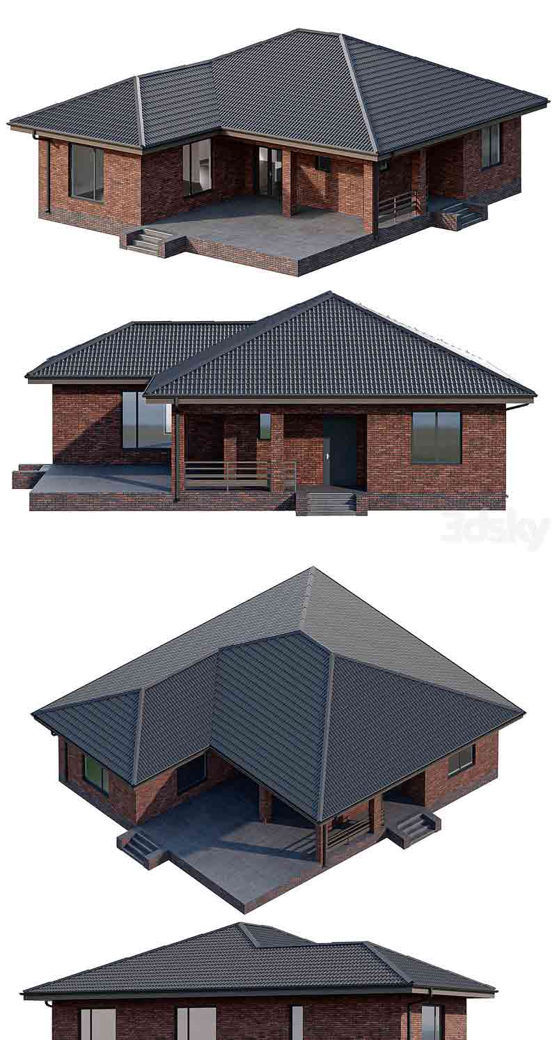 带露台的单层砖房别墅建模3D模型—MAX | FBX | OBJ插图