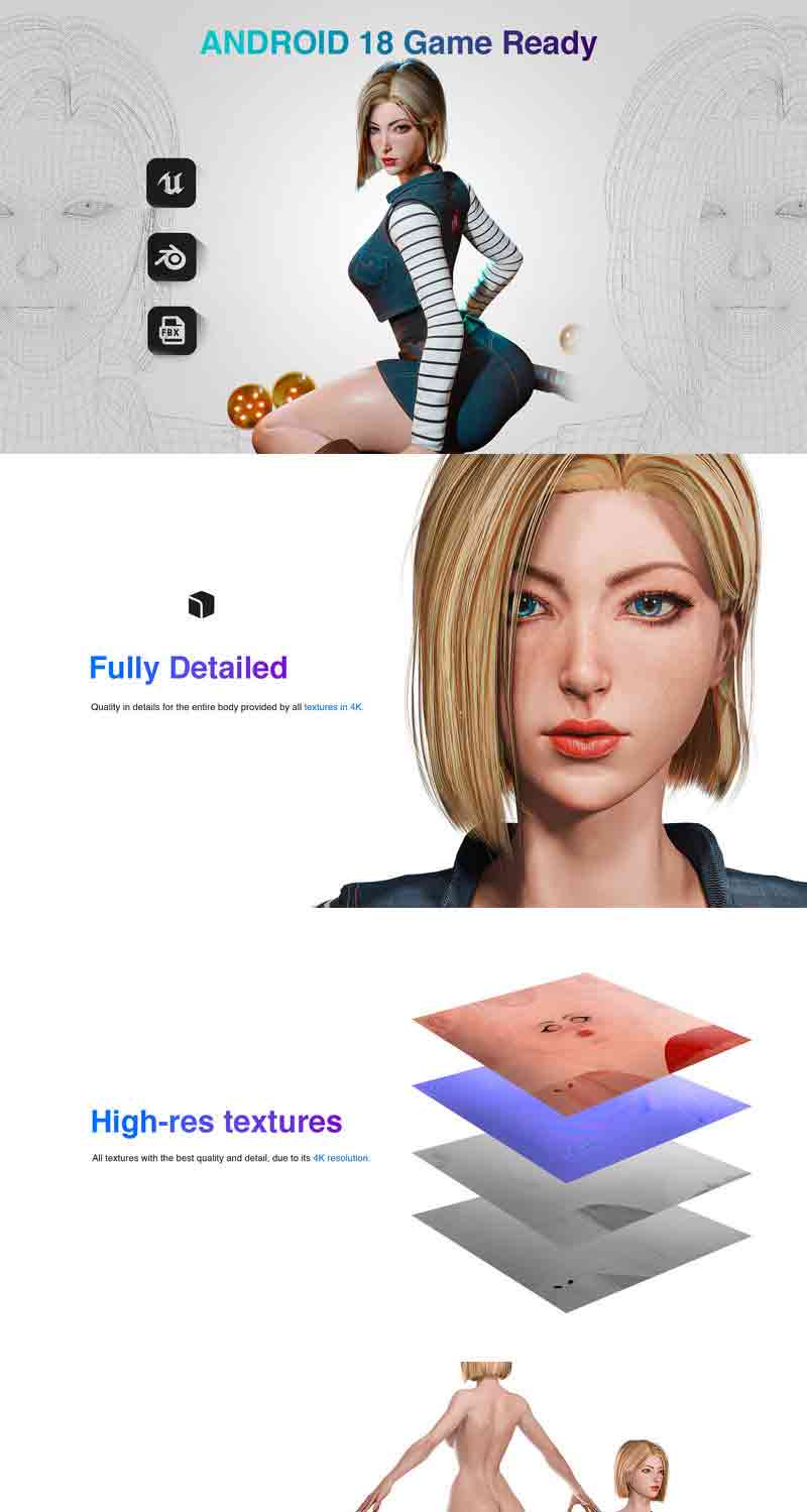 人造人 18 龙珠Z美女人物3D模型—Blender、虚幻引擎插图