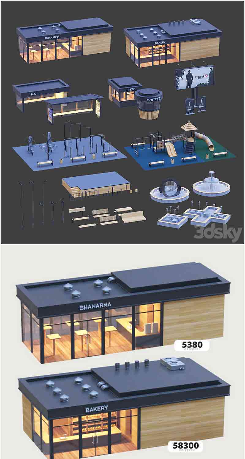 城市风格元素建筑景观健身器材3D模型大集合—MAX | FBX | OBJ插图